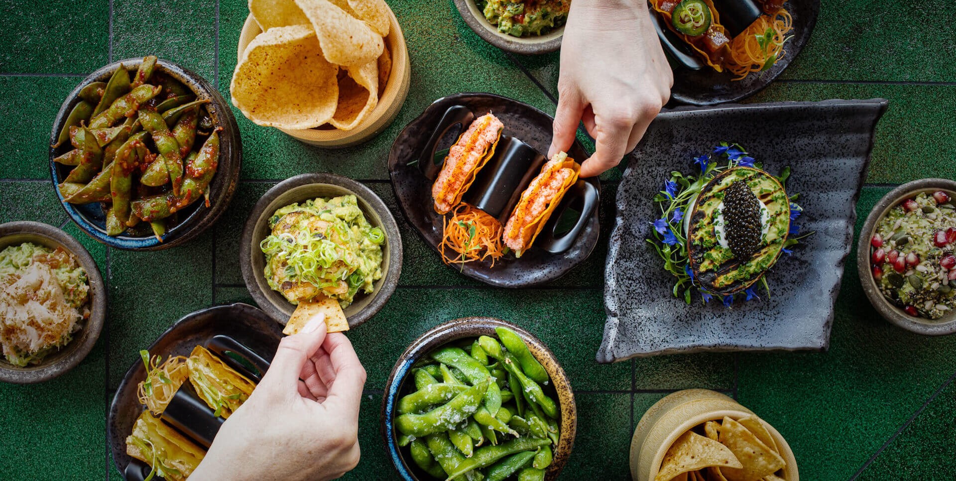 A large selection of elegant Mexican tapas dishes with a Japanese influence